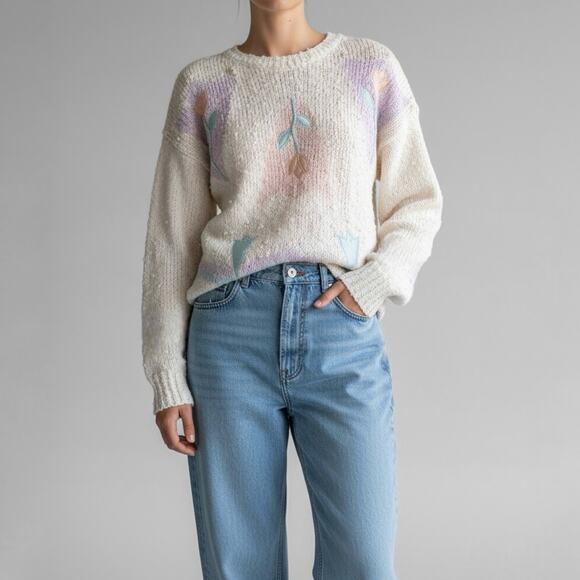 Vintage 80s Coquette Embroidered Sweater Pastel Cottagecore Grandmacore Knit M - Picture 3 of 10